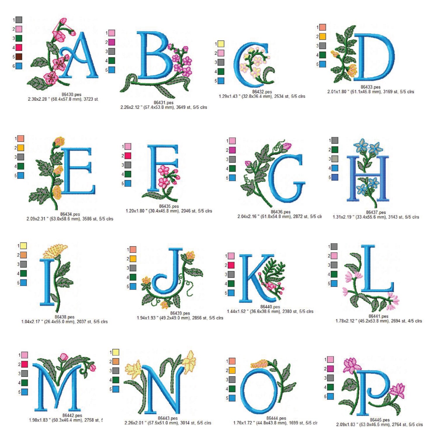 Floral Alphabet Embroidery Design 4x4 dst exp hus jef pes