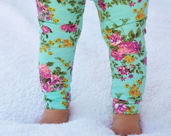 Girls Leggings Baby Leggings Toddler Leggings Turquoise Leggings Pink Floral Leggings