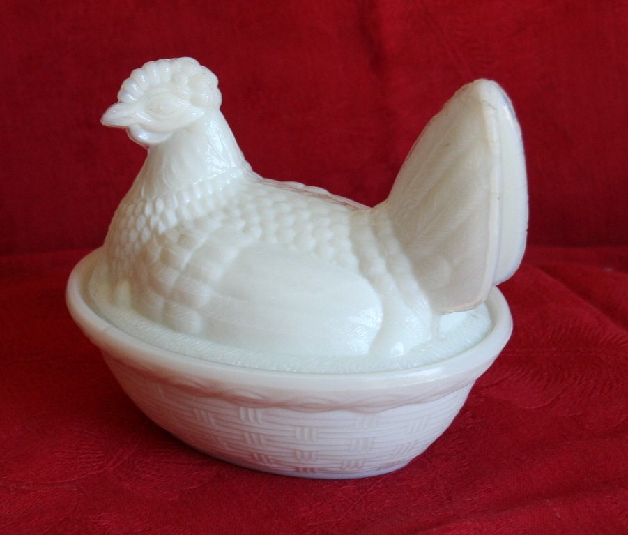 Fenton Milk Glass Chicken with Basket by GrandmasCupboardinOH