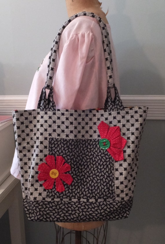 Homemade Tote Bag - Black and White Cotton Fabric, Red Flowers ...