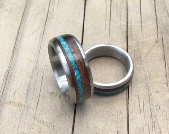 Titanium Rings, Wedding Rings, Wood Rings, Ironwood Ring, Turquoise Ring, Wedding Ring Set, His and Hers Rings, Wood Wedding Rings, Handmade