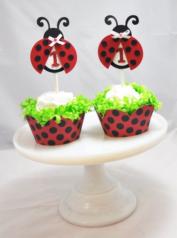 Ladybug Cupcake Toppers and Wrappers- Girl 1st Birthday- Set of 12