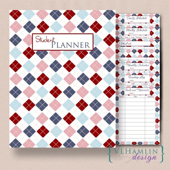 Handmade Back to School Supplies - Printable Student Planner, Home School Planner, Daily Schedule, Lesson Plan, Set of 8, Blue and Red Plaid, Instant Download from VLHamlinDesign
