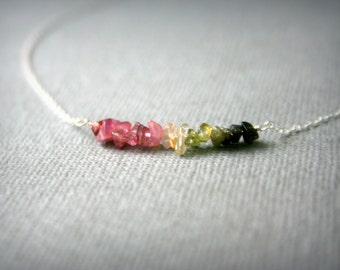 Tiny sterling silver necklace with watermelon Tourmaline chips , bar necklace , pink and green , ombre , minimalist necklace