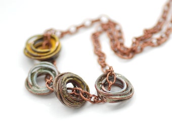 Enamel Necklace, Rustic Jewelry, Mustard Yellow, Robins Egg Blue, Copper Jewelry, Long Necklace, Wirework, Slider Necklace, Copper Necklace