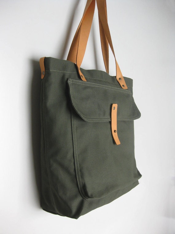 Army Green Canvas Tote Bag with Leather Straps