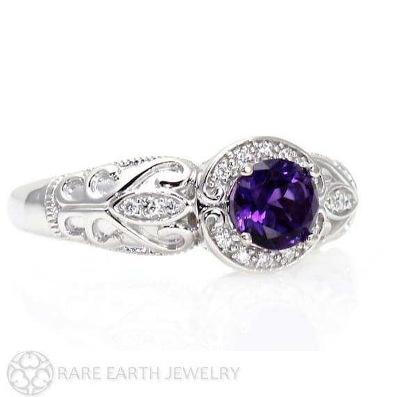 Vintage Amethyst Ring Amethyst Engagement Ring Diamond Halo Art ...