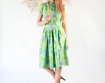 Vintage 1960s Dress - Watercolor Mint Green and Sky Blue Floral Day Dress - Medium
