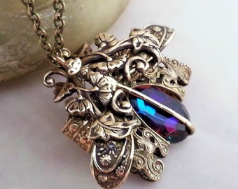Blue Charme De Libellule dragonfly necklace, statement necklace, dragonfly jewelry, Art Nouveau filigree jewelry, Victorian fantasy jewelry