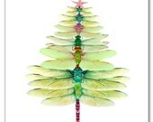 Dragonfly Tree cards. Winter solstice card,Christmas tree, 10 per box holiday card set,woodland gift. green,dragonfy, original artwork