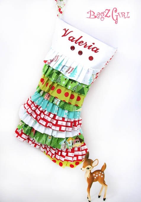 Personalized Ruffle Christmas Stocking -Green-R ed Xmas Trees-Retro-