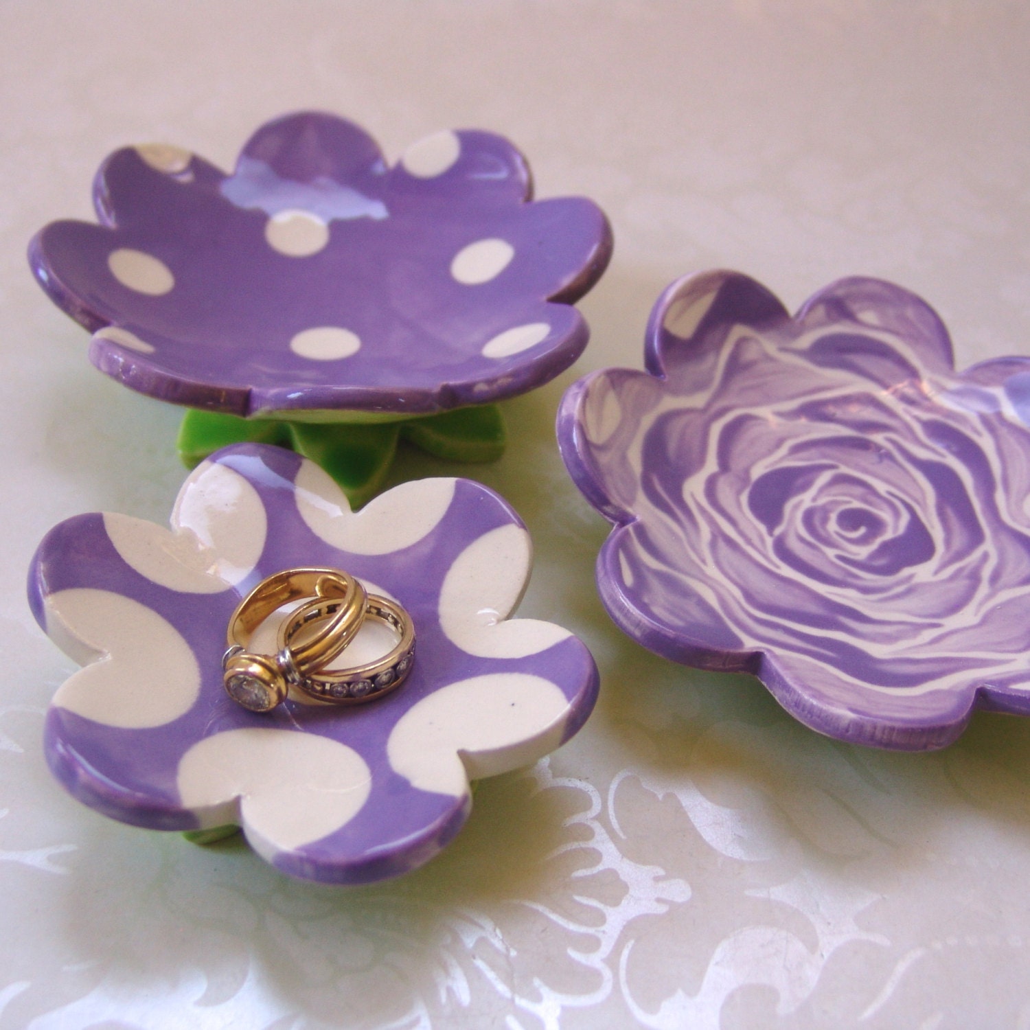 pretty purple pottery Dishes set of 3 flower ceramic