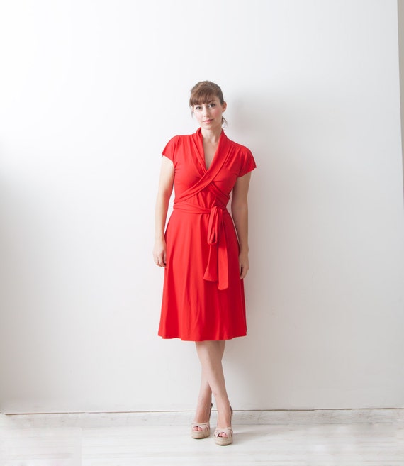 Red Dress, Summer Day Dress, Wrap Dress, Semi Casual