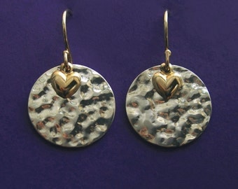Solid 14K Yellow Gold Heart and Sterling Silver Hammered Disc Earrings