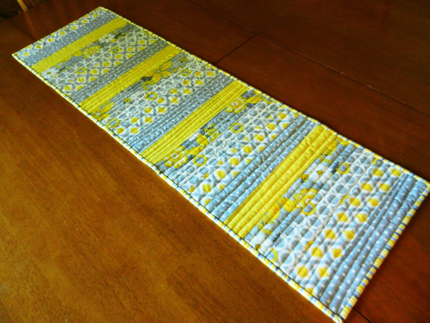 Quilted Table Runner Grey and Yellow Table Runner Quilted