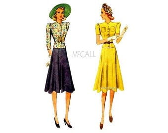 1930s Dress Pattern, McCall 3177, Two Piece Womens Dress, Flared Skirt, Front Button Bodice, Bust 34, 30s Day Dress Vintage Sewing Pattern