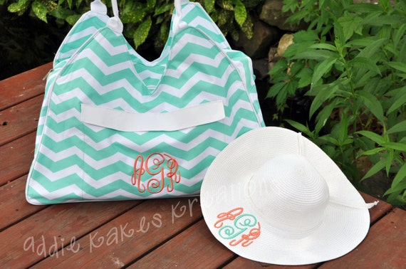 Monogrammed Beach Tote Bag and Floppy Hat Combo Set