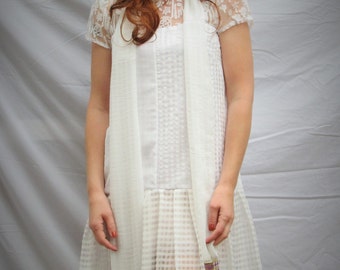1920s Flapper style old Hollywood look tunic dress , for wedding or party sheer white fabric in different textures, made to order