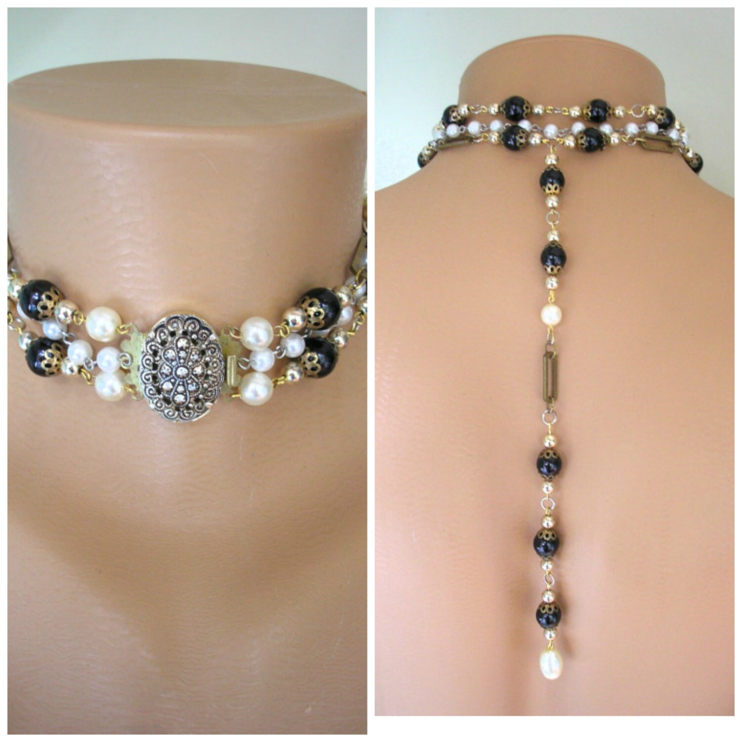 Black Backdrop Necklace Black Bridal by CrystalPearlJewelry