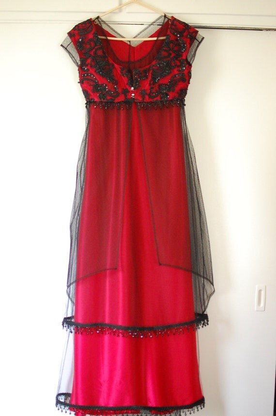 Black Red Beaded Silk Edwardian Titanic Gown Rose Jump Dress