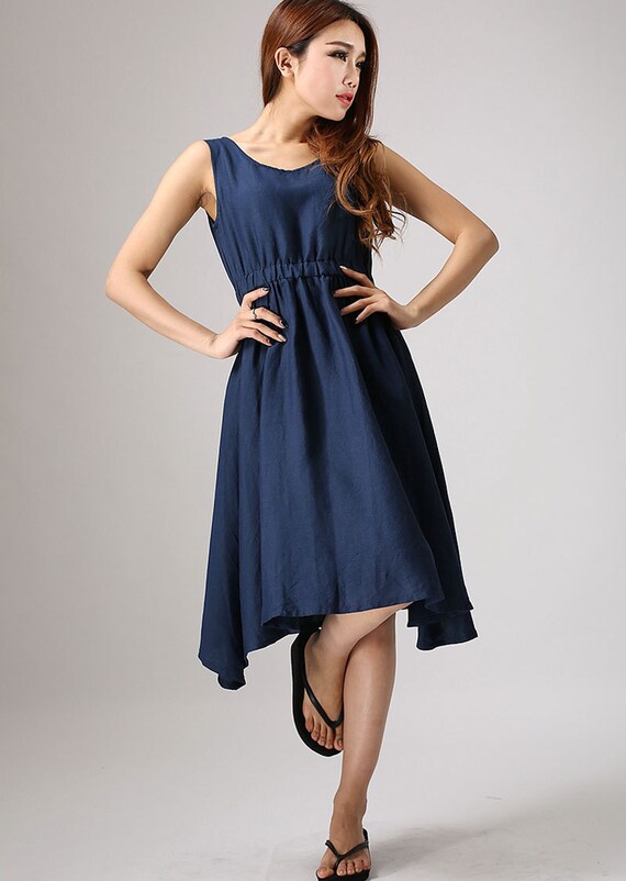 Dark blue linen cute dress 877 by xiaolizi on Etsy