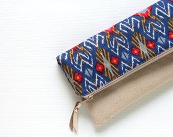 Fold Over Clutch, Foldover Clutch, Sapphire Blue Indonesian Ikat Evening Clutch, Linen Cotton Folded Handbag