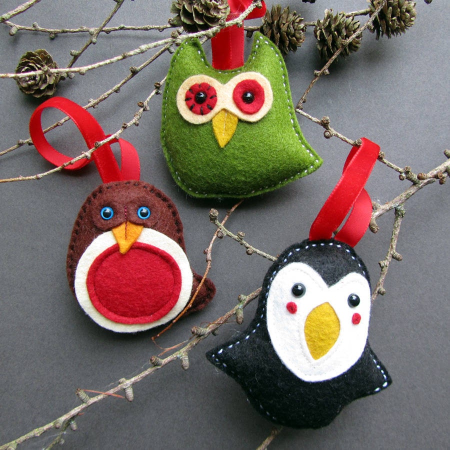 Three Handmade Christmas Bird Tree Decorations