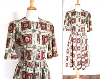 SALE Vintage 1950's Dress // 50s Printed Cotton Garden Party Dress // Medium // DIVINE