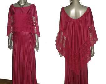 Vintage Absoulutely Stunning Magenta Pink See Thru Floral Lace Overlay Pleated Long Grecian Disco Dress