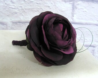Mens wedding boutonnieres, Plum purple Ranunculus Boutonniere, Groomsmen Boutonniere
