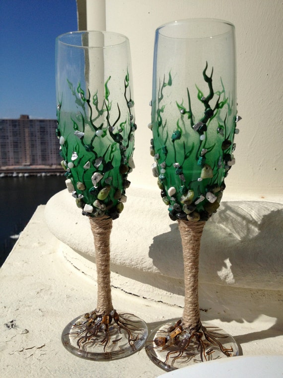 Forest theme wedding champagne flutes, hand decorated with semiprecious stones in green and burlap colors