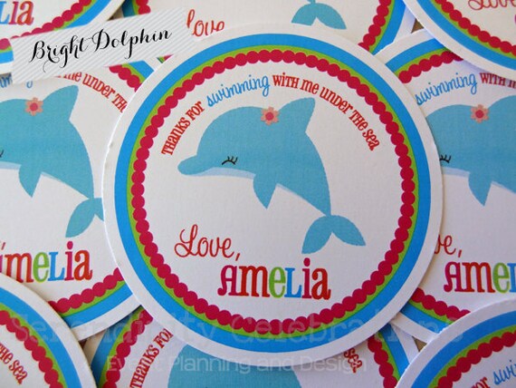 Set of 12 Personalized Favor Tags -Dolphin-Under the Sea-Thank You Tag -Gift Tag -Baby Shower -Birthday-Sticker-Bright Dolphin Il_570xn