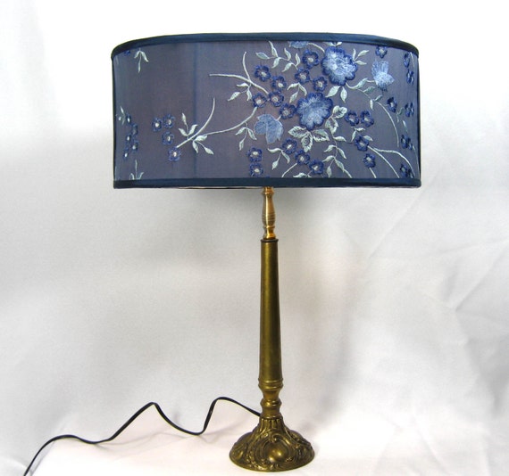 Lamp Shade Blue Handmade Heavily Embroidered Silk Oval Table