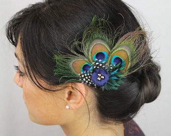 Peacock Hair Accessories - Peacock Feather Clip - Navy Boho Flower Feather Peacock Wedding
