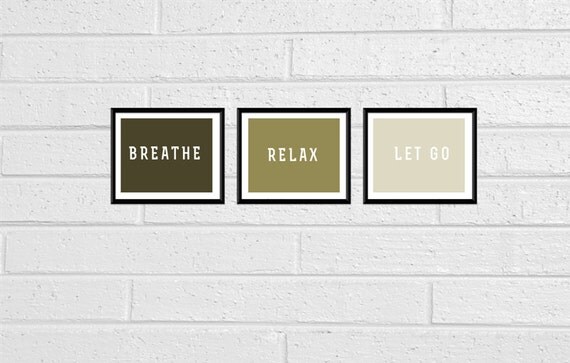 Yoga Meditation Set of Three Wall Quote Art Prints Decor 8x10 Printable Ombre Fall Colors Olive Green Breathe Relax Let Go In More Colors