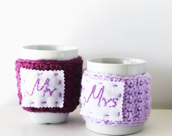 Wedding cup cozies, Mr & Mrs cup cozies, Cute mug warmers, Winter wedding gift, Crochet cup cozy, Personalized cozies, Custom wedding cozies