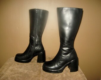 Vintage STEVE MADDEN Black Leather Goth Zip Up Stacked Heels Tall 90s ...
