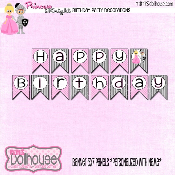 PERSONALIZED Princess & Knight Happy Birthday Banner-Fairy Tale Princess and the Knight Happy Birthday Banner-PDF Il_570xn