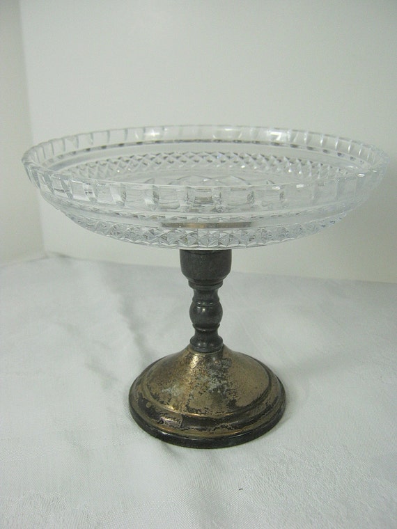 Vintage SILVERPLATE PEDESTAL Glass Bowl WEDDING Tarnish