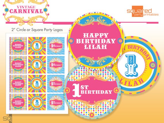 Circus Cupcake Toppers - Printable Birthday Party Circles - Pink, Aqua - DIY Print - Vintage Carnival Il_570xn