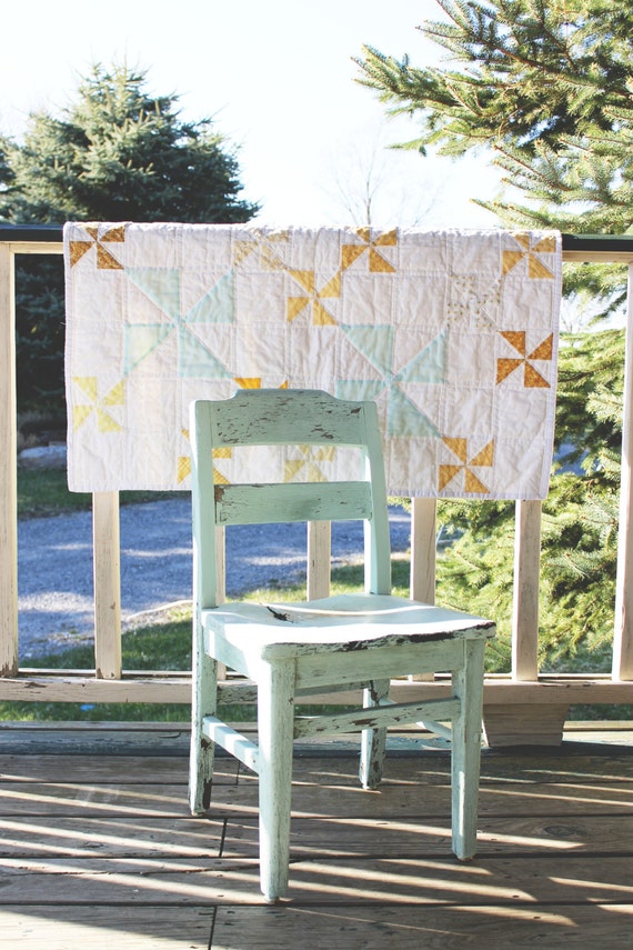 Create a Windy Day | Aqua + Yellow Baby Quilt | Modern Retro Pinwheel | Playful Bright Wall Quilt Art