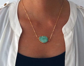 Aqua Druzy Necklace Gold Mint Green Teal Ombre Aquamarine Seafoam Geode Gemstone Layering Long Rustic Modern Statement Natural Stone C1