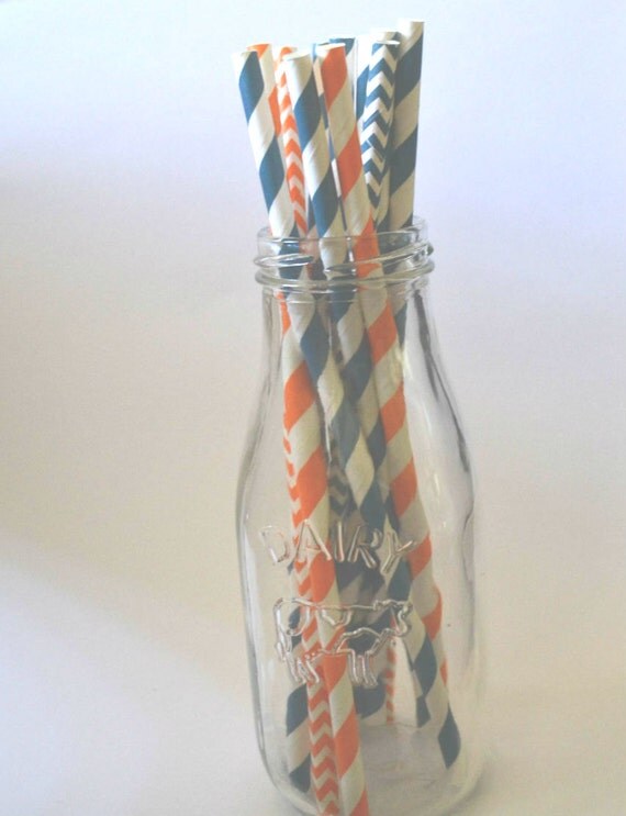 Navy and Orange Paper Straws //Wedding Supplies// Birthday Party // Football Party // Drinking Straws // Cake Pops Il_570xn