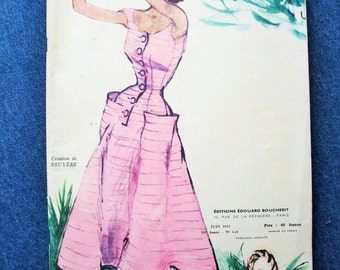 Vintage 50s French Magazine Modes & Travaux with Fashion Sewing and Ladies Hat Diagram Patterns June 1953