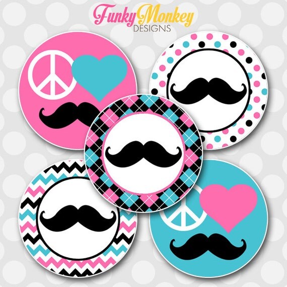 INSTANT DOWNLOAD ~Pink & Blue Girl Peace Love Mustache~ 4x6 Digital 1" Inch Bottle Cap Image/Digital Collage sheet Il_570xn