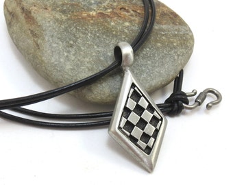 Chess Necklace, Chess Board Jewelry - Silver Checker Board Pendant with Leather Cord