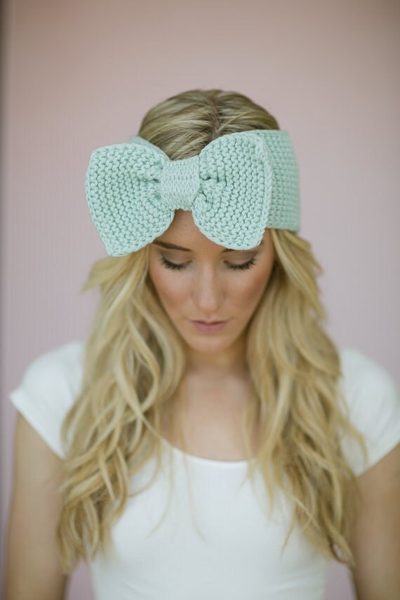 Mint Knitted BOW Headband Ear Warmer Dark Aqua by ThreeBirdNest
