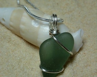 Wire wrapped green sea glass necklace with sterling silver chain