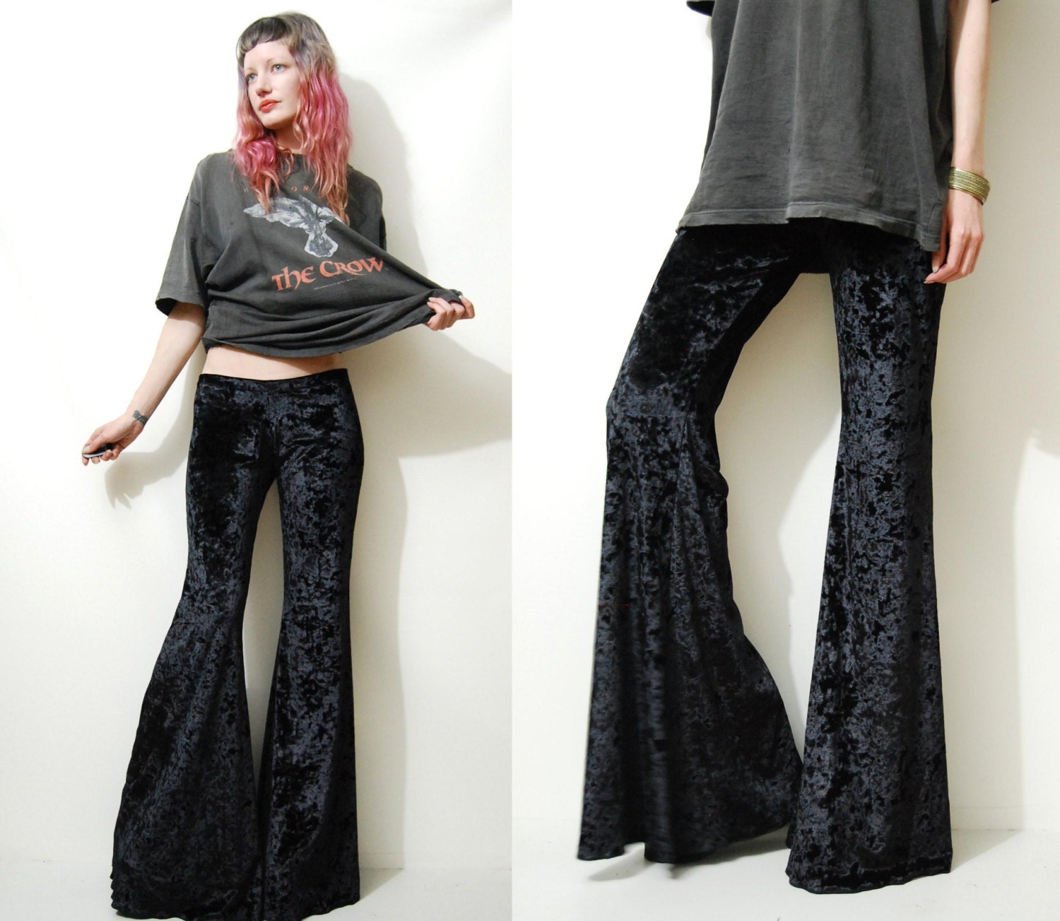 RESERVED // Crushed VELVET Bells Pants Black 90s Bell Bottoms Etsy