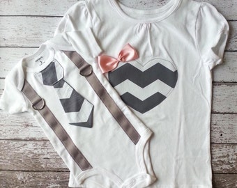 Big sister, Little brother shirt & bodysuit set, tie for him heart for her, matching, chevron, gray, white, Sibling Set, gift, child fashion